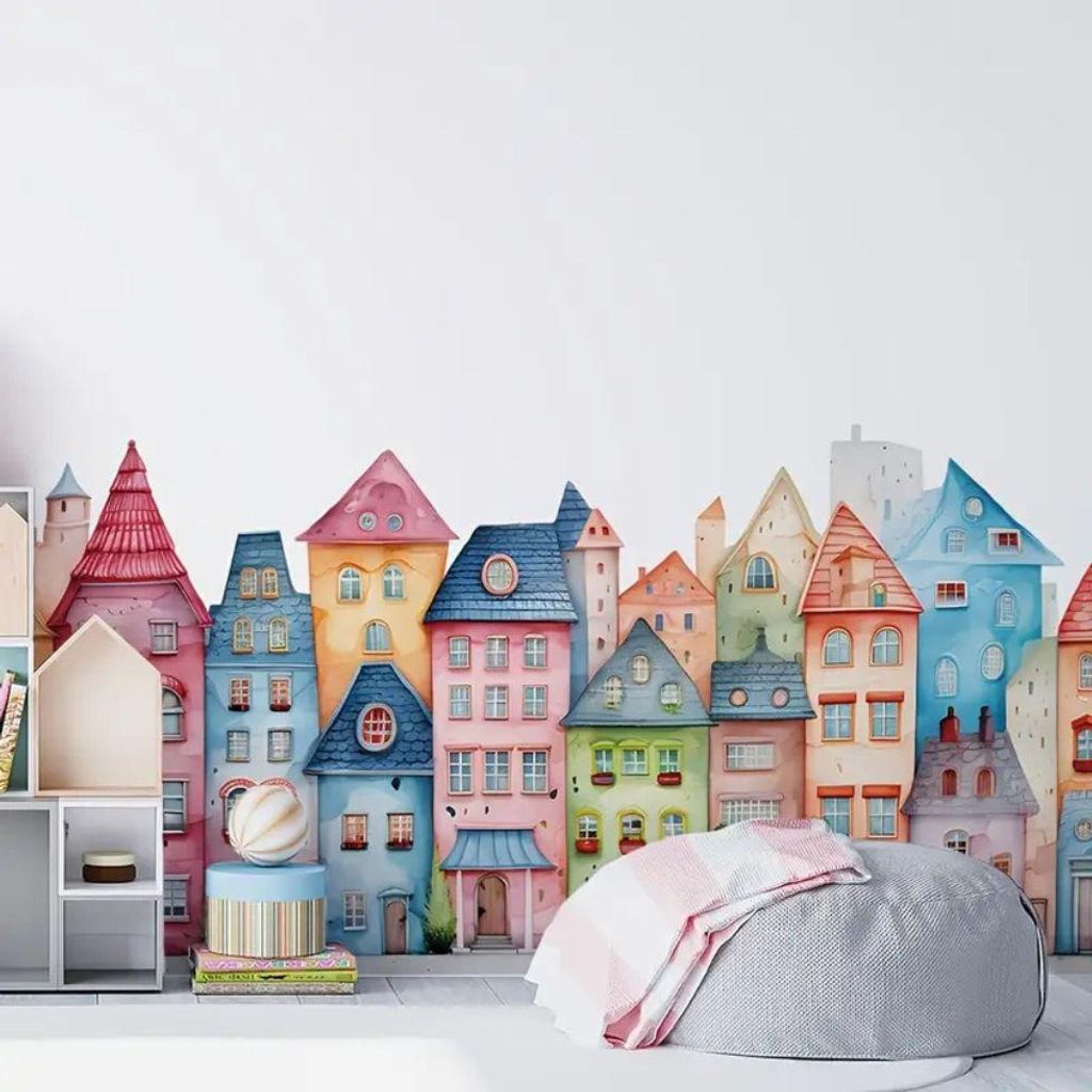 Wall sticker city view colorful houses - wall stickers for children's rooms, hallways, living rooms - wall stickers with cityscape, wall sticker moder