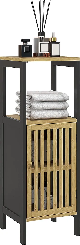 Meuble colonne bambou noir pour salle de bain avec étagère et placard bas
