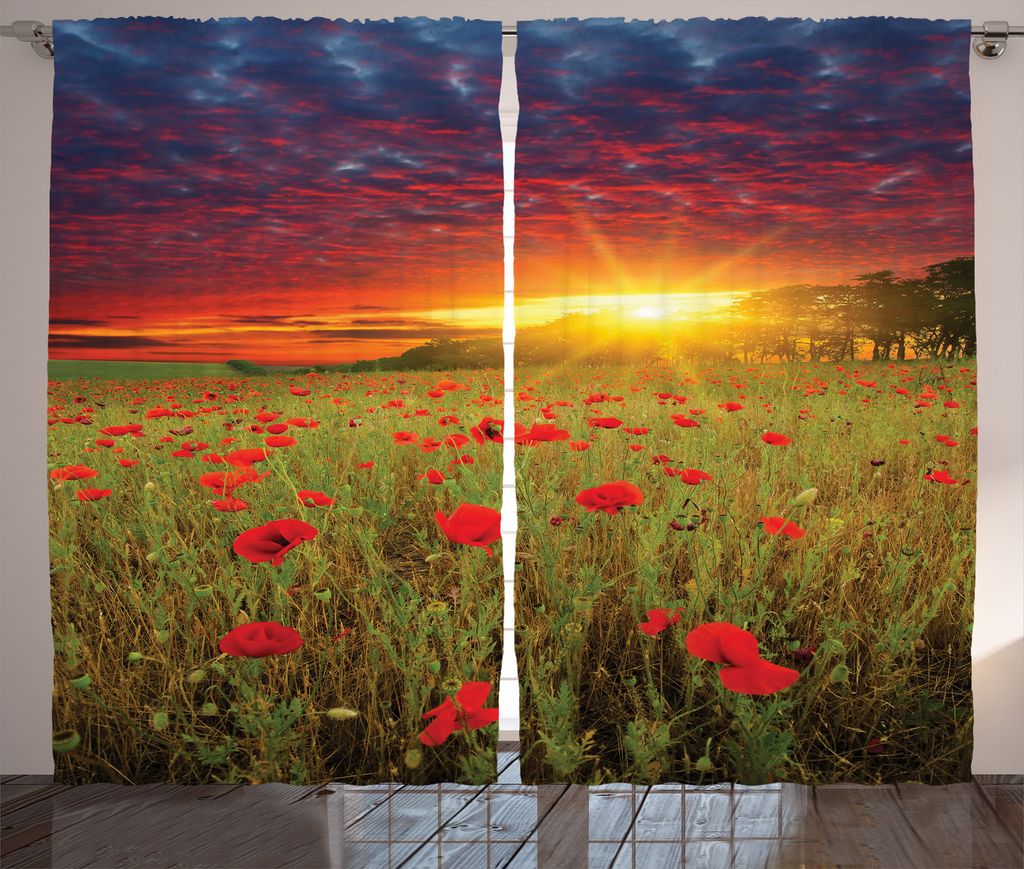 ABAKUHAUS Bunt Rustikaler Vorhang, Wiese Poppies Himmel, Wohnzimmer Universalband Gardinen mit Schlaufen und Haken, 280 x 175 cm, Kadett Blau Schar...