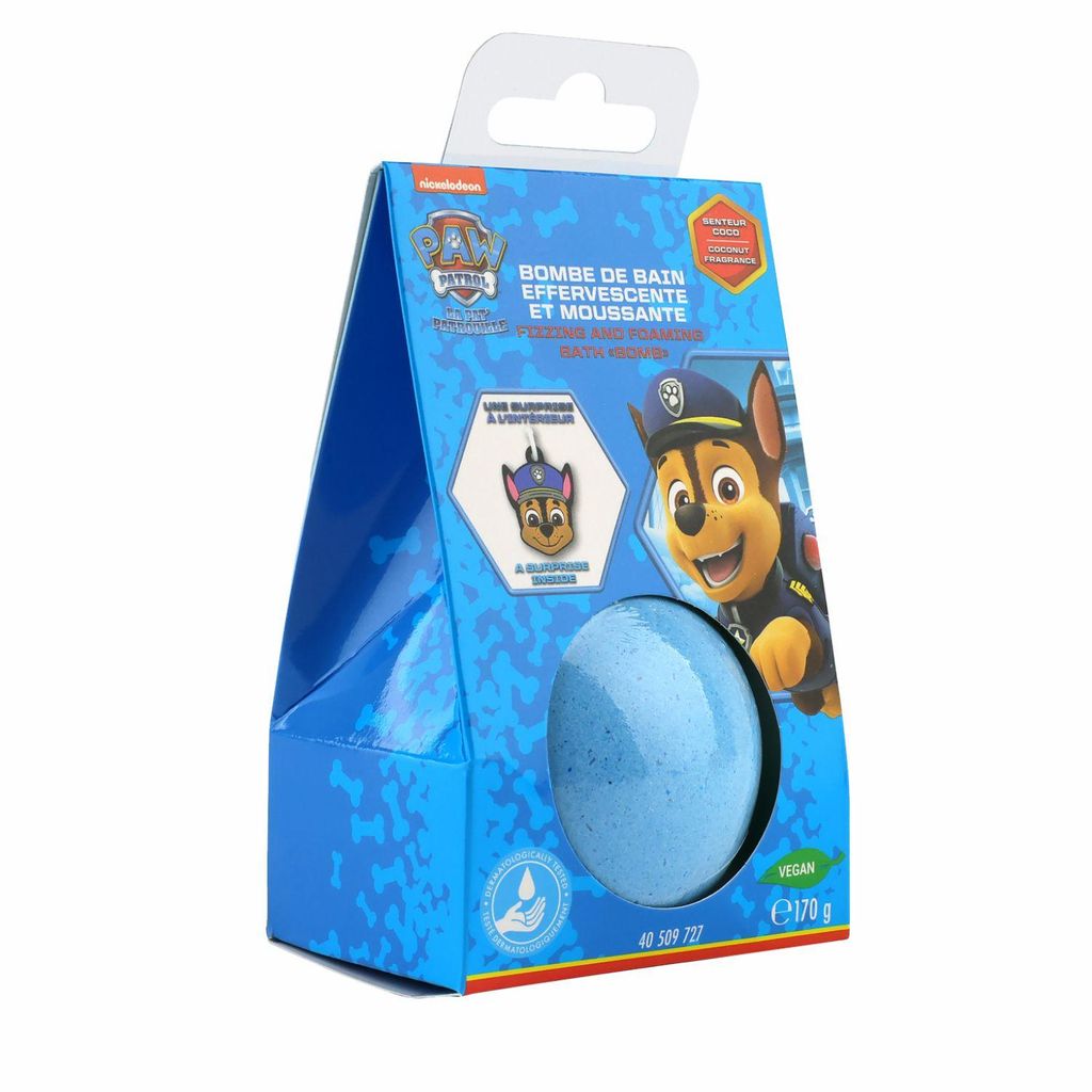 1x Home-Flair Paw Patrol Badebombe - große Badekugel Chase - Blau - 170g Schaum-Effekt - VEGAN - mit Überraschungsanhänger