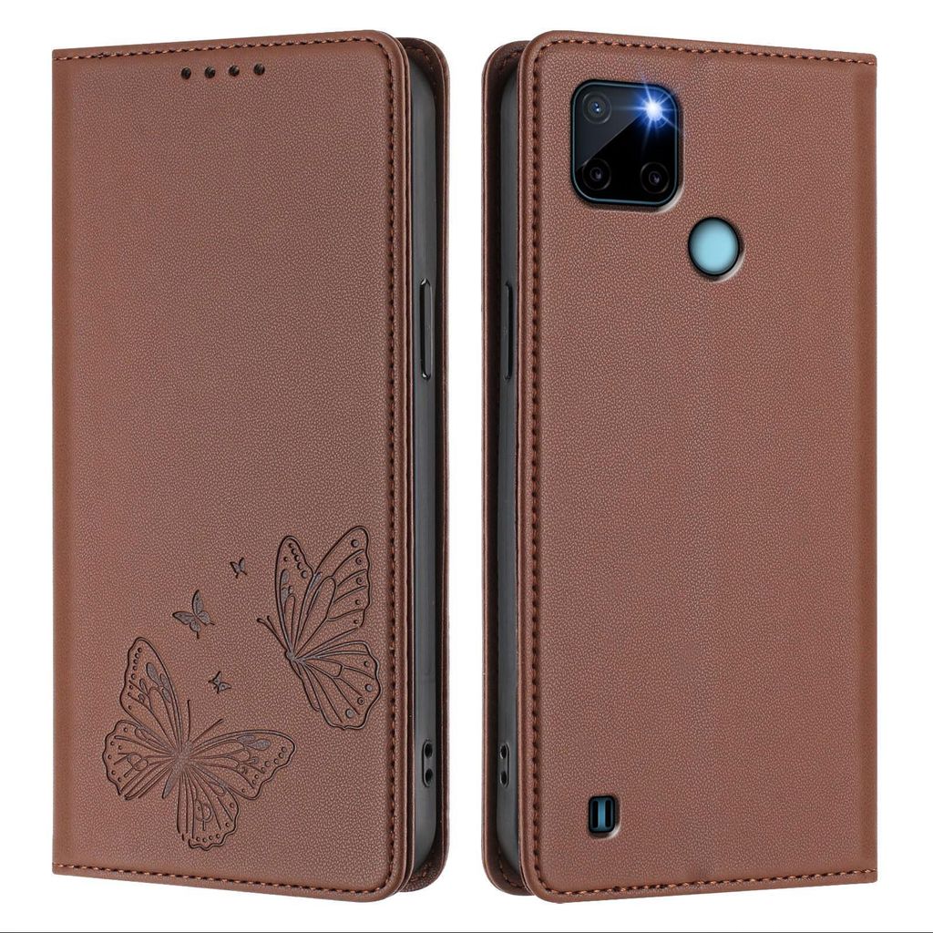 Lederhülle für Realme C21Y, Schmetterling Prägung Leder Brieftasche Schutzhülle mit Ständer Braun