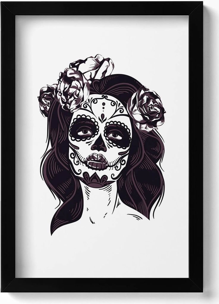 Illustration eines Mädchens im mexikanischen Stil– Wandbild mit Rahmen – Gerahmtes Bild – Wanddekoration – 20x30 cm – Schwarz