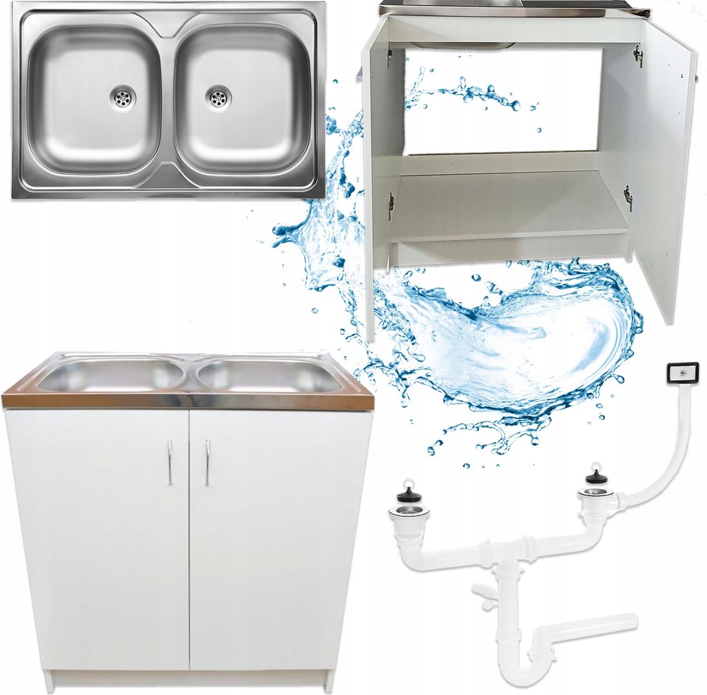 Collage of kitchen sink parts including a double sink, a cabinet, and plumbing components.