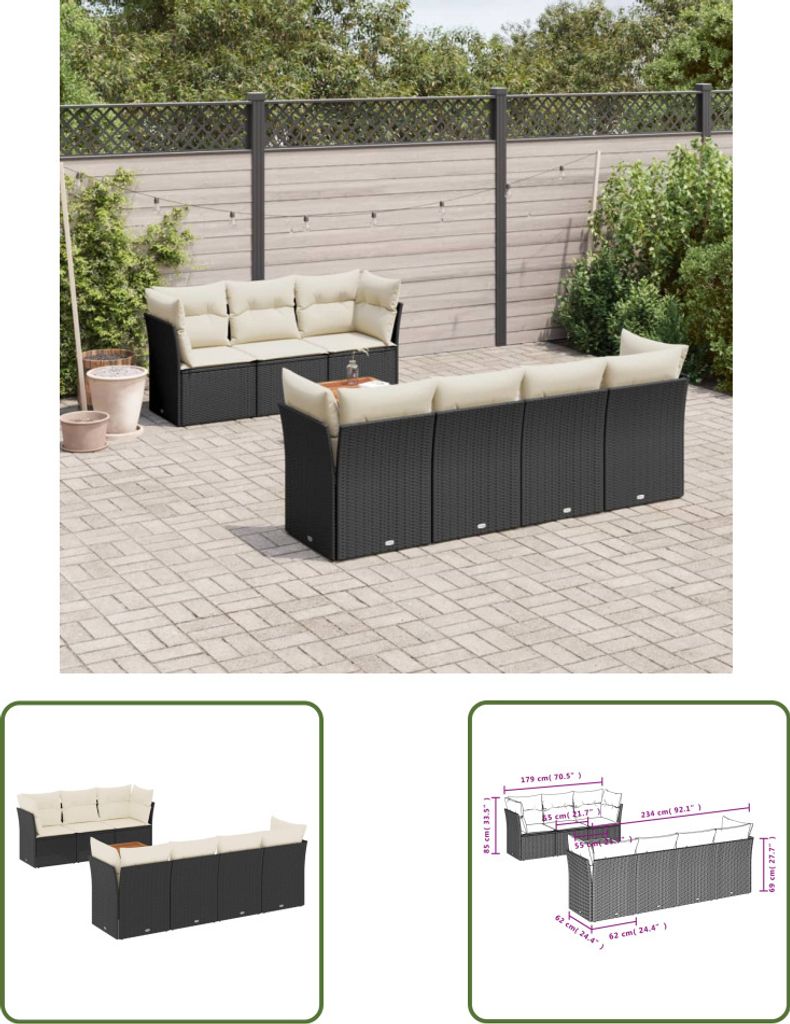 The Living Store 8-tlg. Garten-Sofagarnitur mit Kissen Schwarz Poly Rattan
