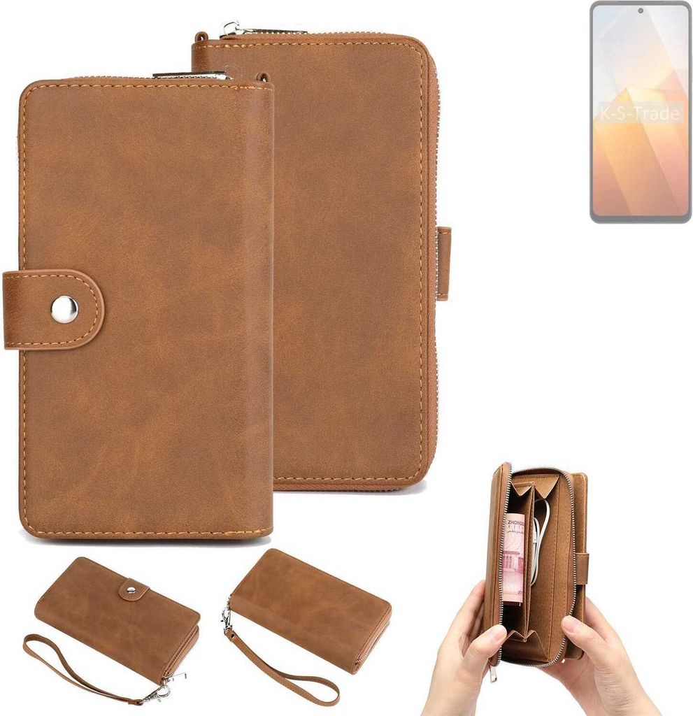 K-S-Trade Handyhülle Schutzhülle kompatibel mit Vivo Y100t & Portemonnee Tasche Handytasche Case Etui Geldbörse Wallet braun (1x)