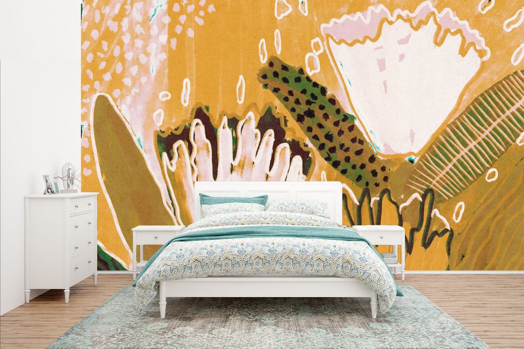 MuchoWow Fototapete für Wohnzimmer oder Schlafzimmer Wandtapete Vinyl Motivtapete Blumen - Gelb - Pflanzen - 400x240 cm - Gemustert