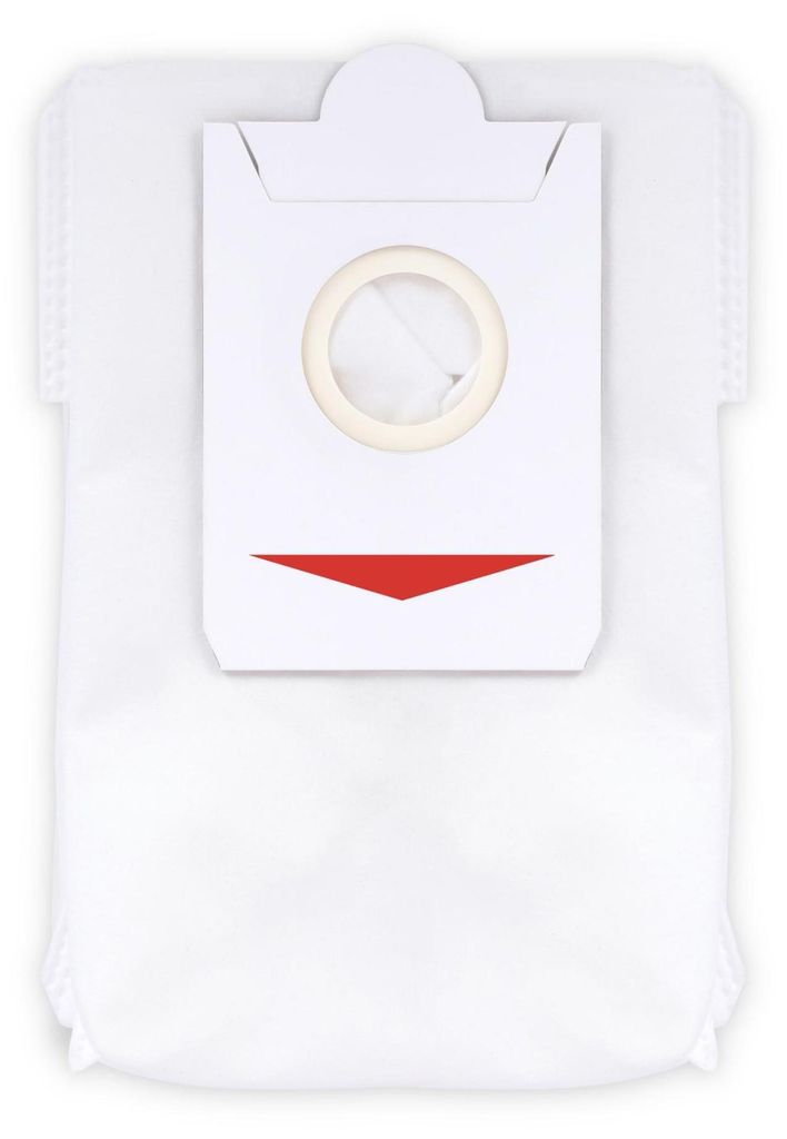 A white vacuum cleaner dust bag with a red triangular design and a circular opening.