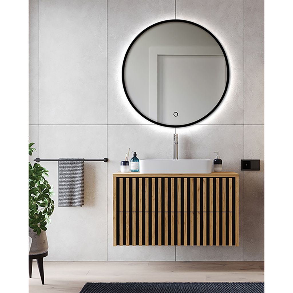 Badezimmermöbel Set inkl. Waschbecken und LED-Spiegel LUCCA-107 in Eiche Nb. mit Lamellenfronten, B/H/T: ca. 101/200/45,5 cm