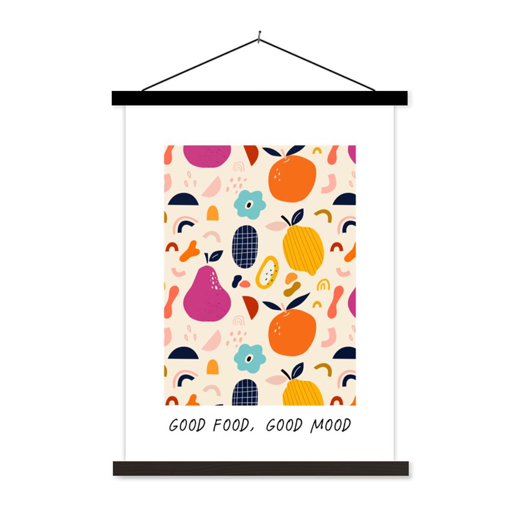 MuchoWow Textilposter Zitate - Gutes Essen, gute Laune - Essen - Sprichwörter 120x160 cm mit schwarzem Rahmen - Magnetischer