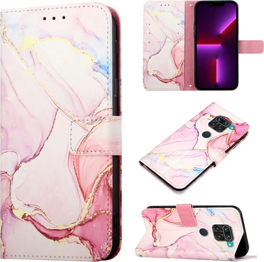 Custodia Redmi Note 9, custodia in Finto cuoio con motivo a marmi, tasche per carte, custodia stand per Xiaomi Redmi Note 9 Rosa Bianco
