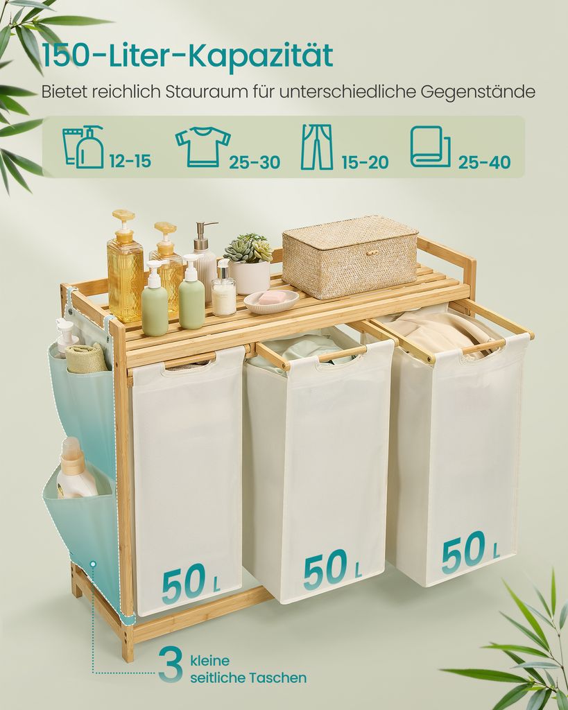 Wäschekorb 3 Fächer, Bambus, Wäschesammler 150 L, mit Produktbild 7