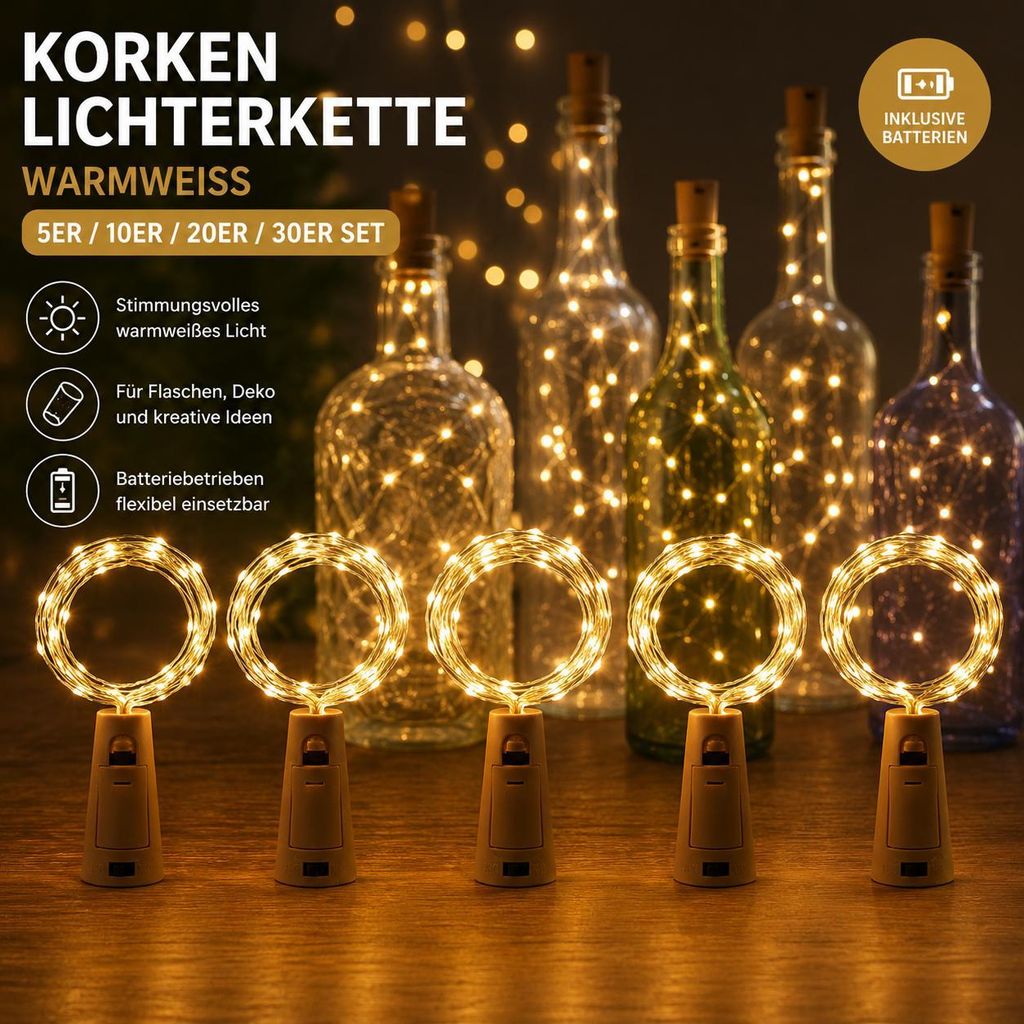 LED Flaschenlichterkette mit Korken – 20er Set, je 2 m, 20 Produktbild 