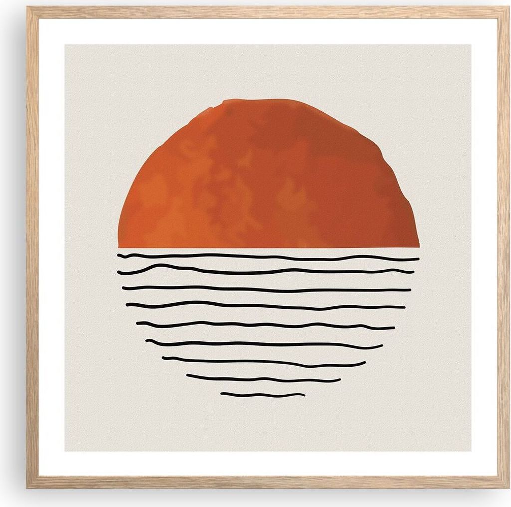 Gerahmtes Poster - Rahmen in heller Eiche - Modern Sonne Meer - 60x60 cm - Wand Bild - Wanddeko - Wandbilder - Kunstposter - Wandposter - Bilderrah...