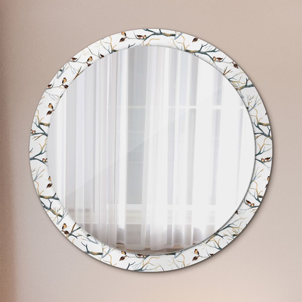 Ø100cm Spiegel - Glasrahmen mit Aufdruck - Wandspiegel Schlafzimmer - Spatzen Vögel Äste