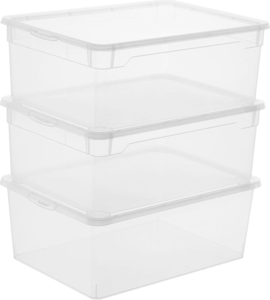 Three clear plastic storage boxes stacked on top of each other.