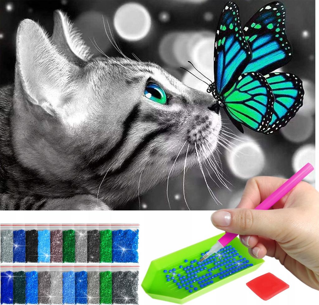ARTULIO - Diamond Painting Set - Süßer Kater mit Schmetterling auf der Nase - 60 x 40 cm - Groß XXL - 5D Crystal Art, Bilder DIY