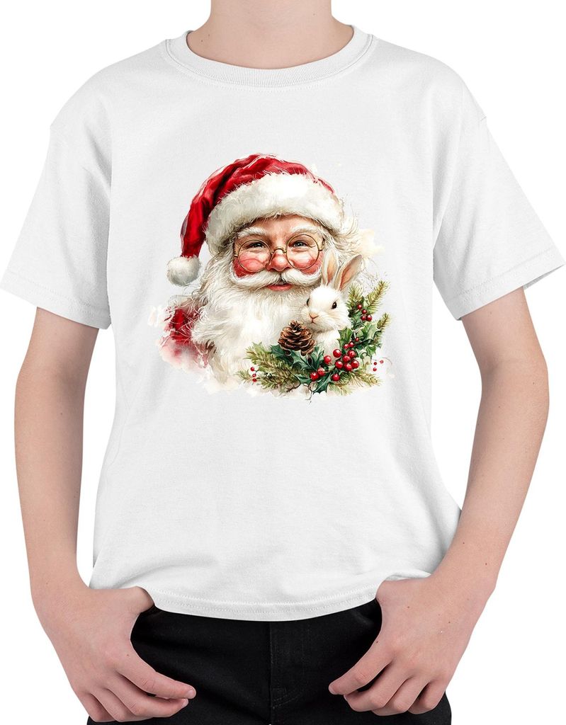 Weihnachtsmann Kaninchen Tannenzapfen Stechpalme Aquarell Uni Kinder T-Shirt, Weiß, 116