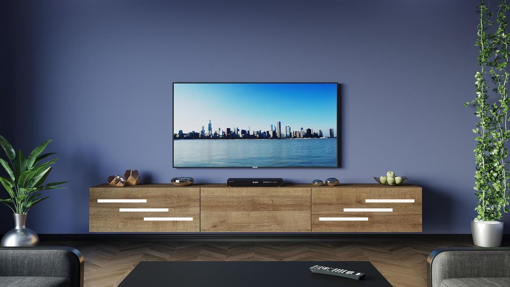 FURNITECH TV Lowboard TV Board hängend TV Schrank 265 cm Eiche Gold Weiße Kurze Zierleiste M9-24M-DZ4-LB2-1E