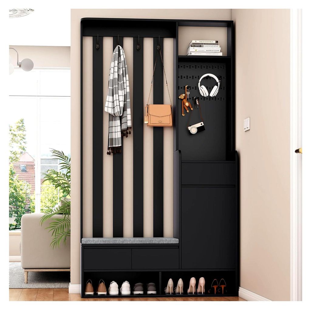 Schwarzes Flurgarderobe Set | Moderner Garderobenschrank für den Flur, Garderobe mit Sitzbank, Stecktafel, 4 Haken | 6-in-1 Multifunktionsgarderob...