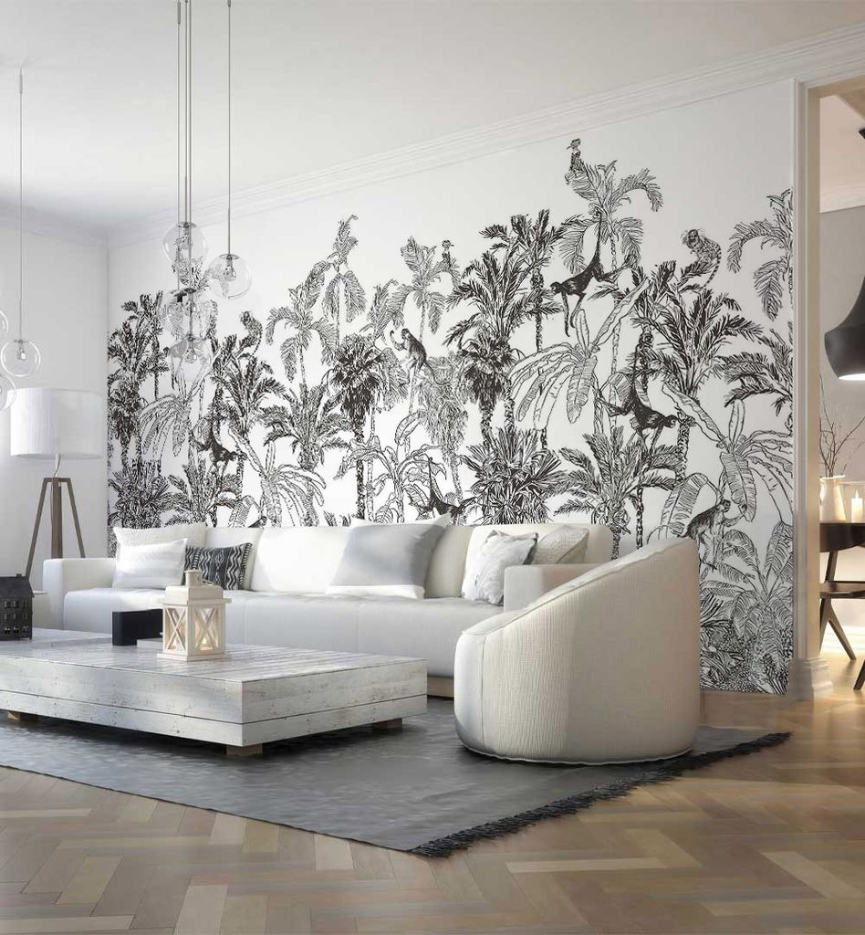 Fototapete Dschungel Illustration Affen, Material:Superior Vlies 350g/qm, Größe Tapete:455 x 300cm