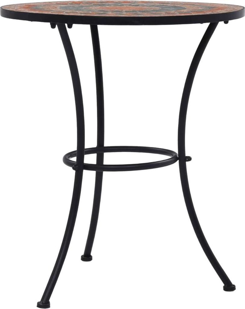 A mosaic bistro table with an orange and gray ceramic top and black metal legs, shown against a white background.