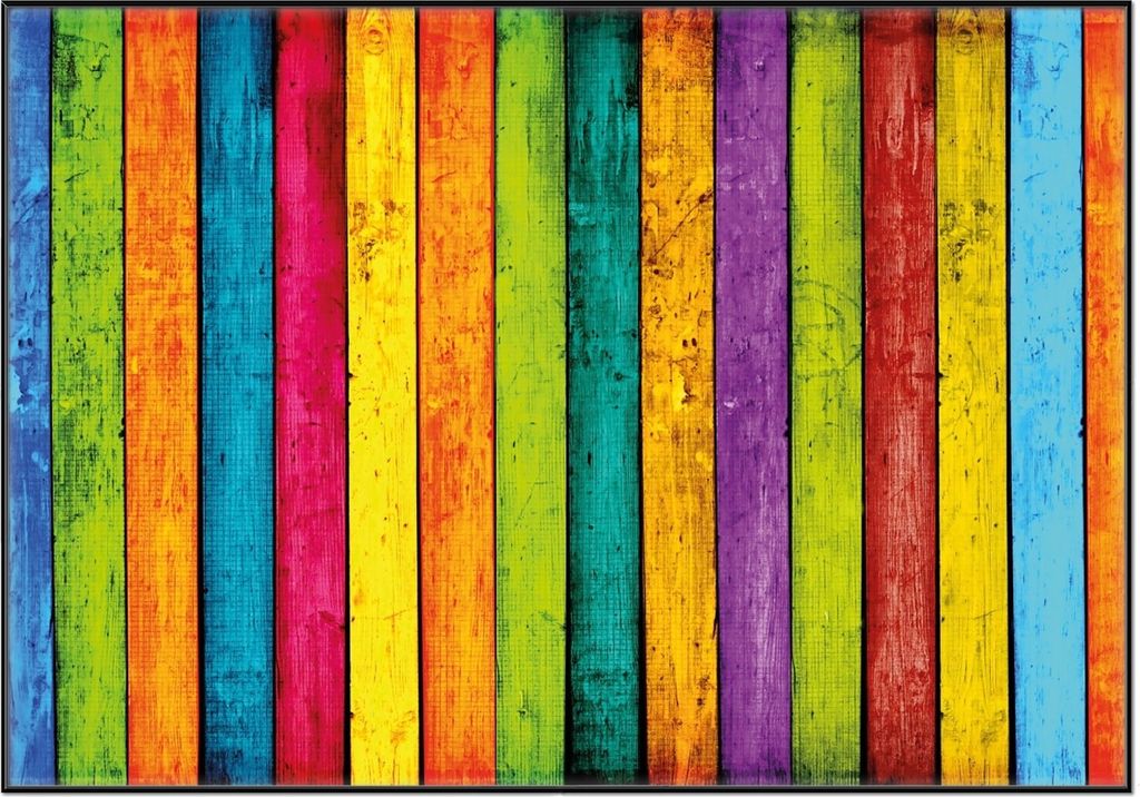 Wallario Wandbild Buntes Holz - bunte Streifen mit Farbe und Holzstruktur, Größe: 70,30 x 100,30 cm, Poster mit schwarzem Aluminiumrahmen