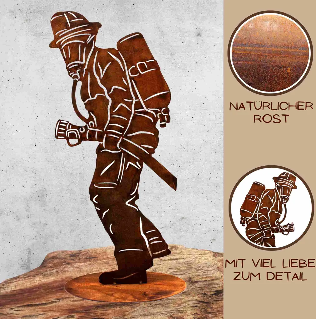 Figurine Pompier 40cm en Rouille Noble Résistant aux Intempéries Déco