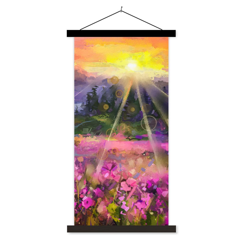 MuchoWow Textilposter Gemälde - Ölfarbe - Blumen - Natur - Sonne 40x80 cm mit schwarzem Rahmen - Wandemalerei