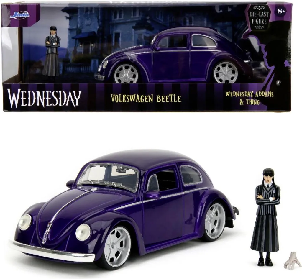 Voiture Miniature 1972 VW Beetle 1:24 avec Figurine Mercredi Addams