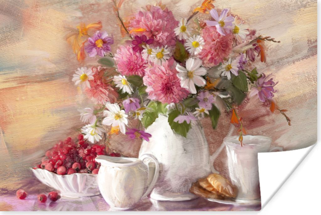 MuchoWow Poster Gemälde - Blumen - Vase - Ölfarbe 90x60 cm - Schlafzimmer