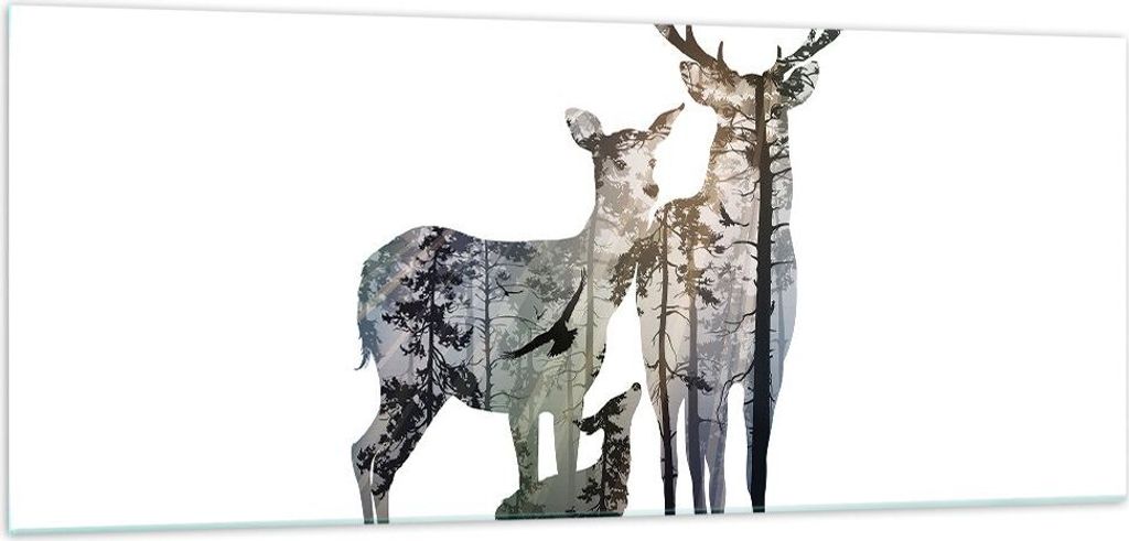 Bilder auf glas - Deer Familie Wildheit Illustration - 100x40cm - Glasbilder - Wandbilder - Kunstdruck - Wanddekoration aus Glas - Glas Bilder - Wa...