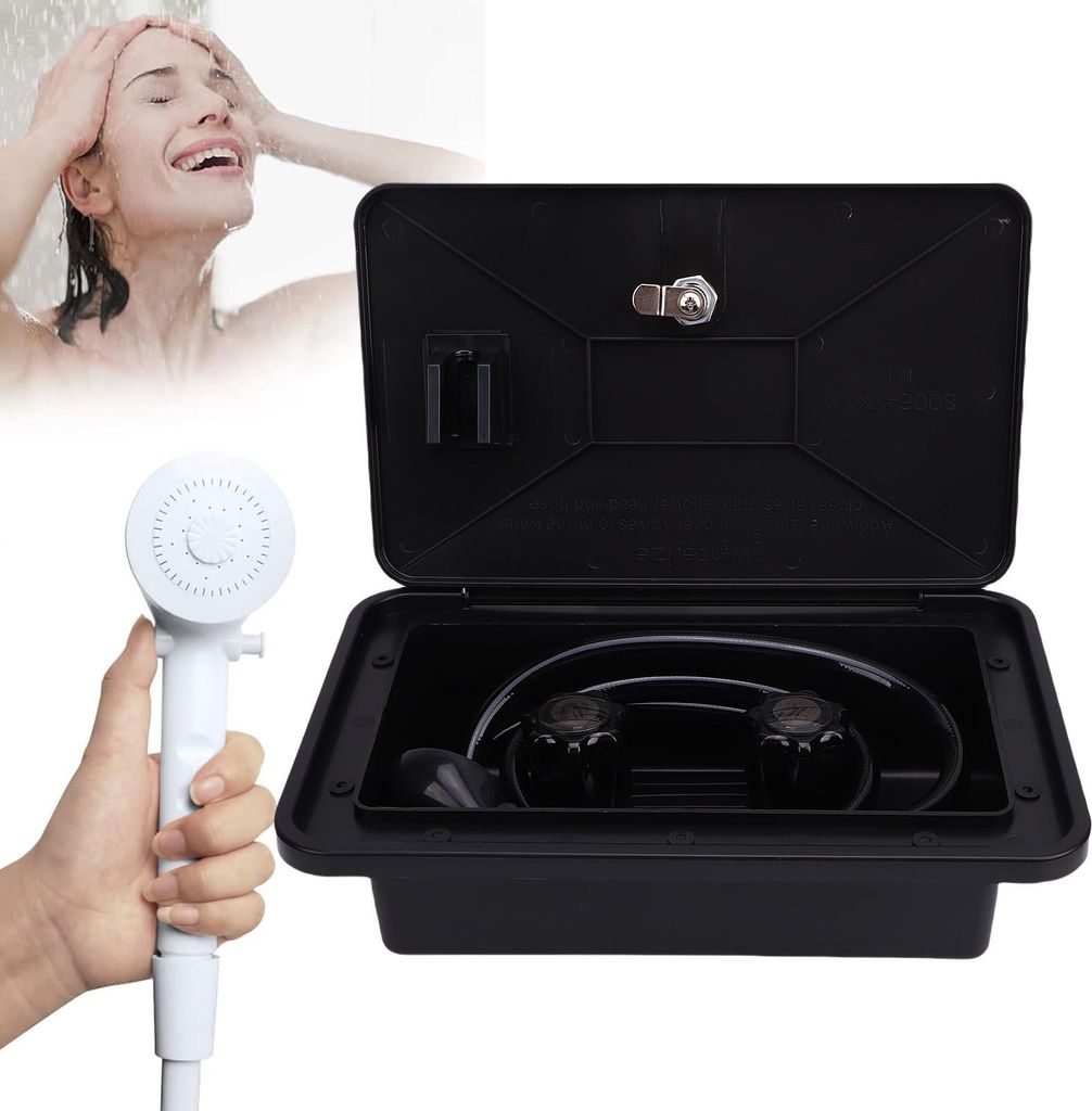 RV Exterior Shower Box Kit mit 1.5M Schlauch Duschkopf und Dusche Wasserhahn für Camping Fahrzeug Anhänger Wohnmobil Boot Van Schwarz