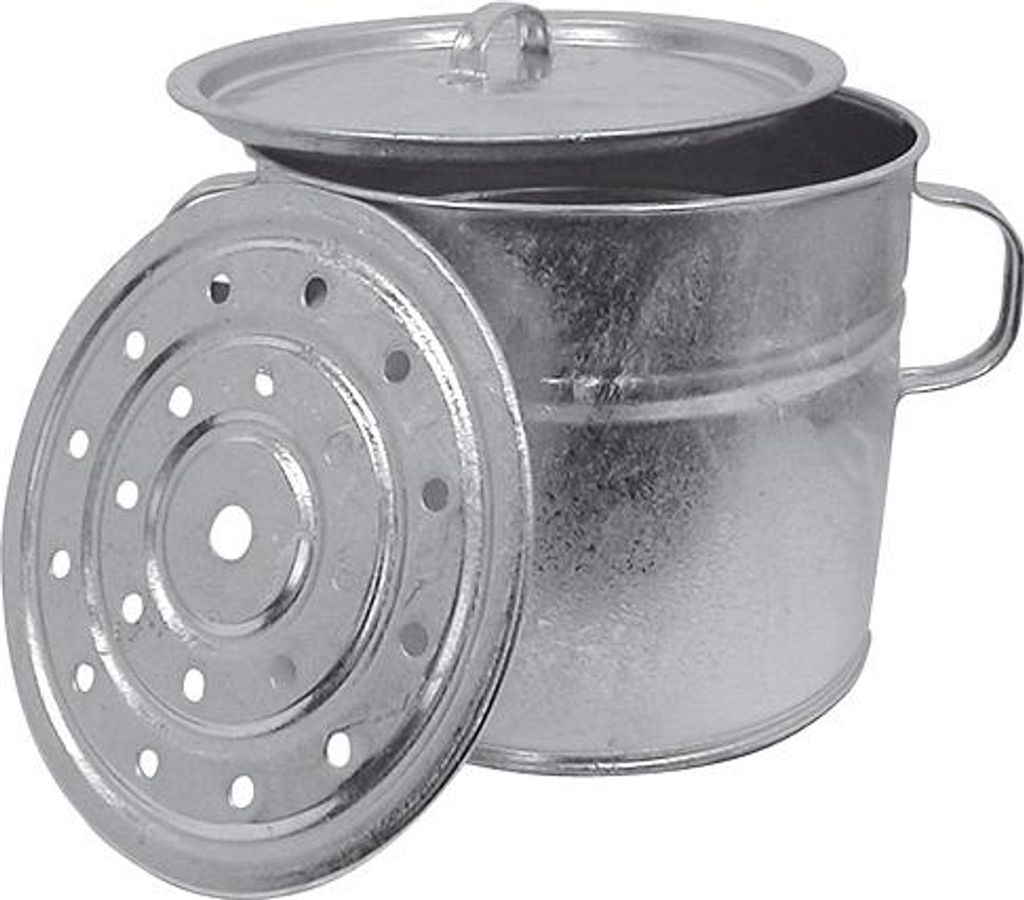 A galvanized metal pot with a lid and a perforated insert.
