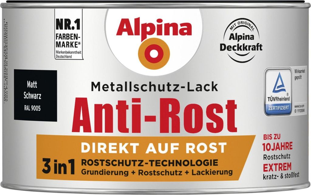 Alpina Metallschutz-Lack Anti-Rost 300 ml schwarz matt Produktbild 