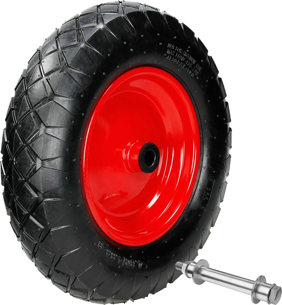 ECD Germany Schubkarrenrad luftbereift mit Achse, 4.80/4.00-8, Durchmesser 390 mm, 95 mm Breite, 200 kg, Reifen mit Stahlfelge Rot