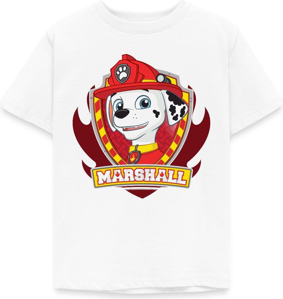 Spreadshirt Paw Patrol Marshall Feuerwehrhund Feuerwehr Emblem Kinder T-Shirt, 98/104 (3-4 Jahre), Weiß
