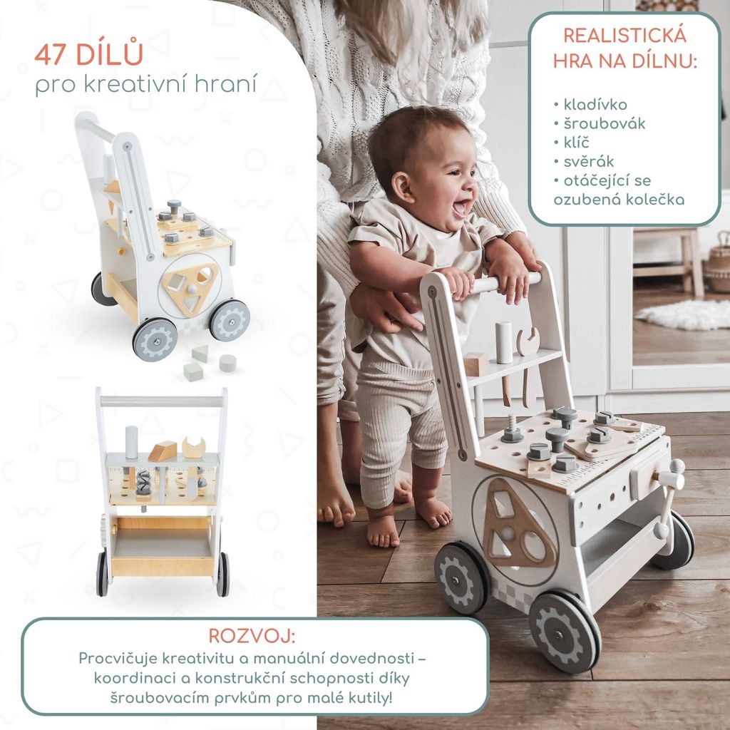 Dřevěné chodítko 3 v 1, odstrkovadlo + dílna - 47 prvků Obrázek produktu 3