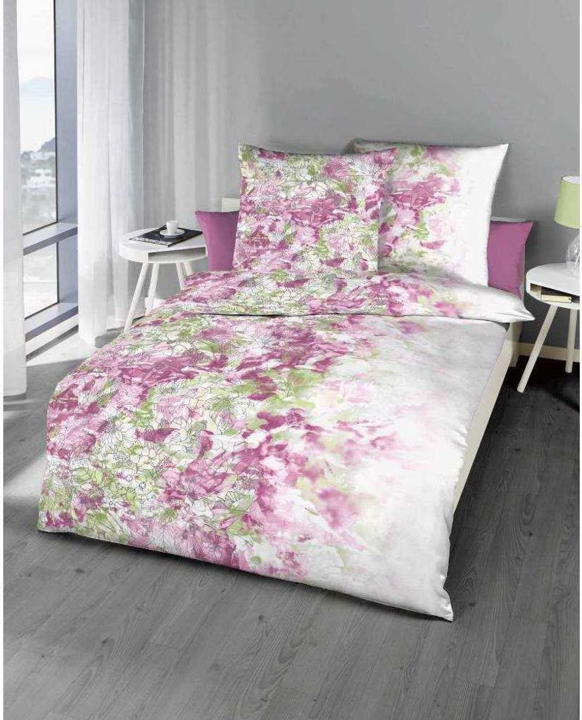 Kaeppel Mako-Satin Bettwäsche Wild Paradise Blumen 100% Baumwolle Reißverschluss Bettbezug Kissenbezug Bettgarnitur Bettwäsche-Set 155x220 cm Pink