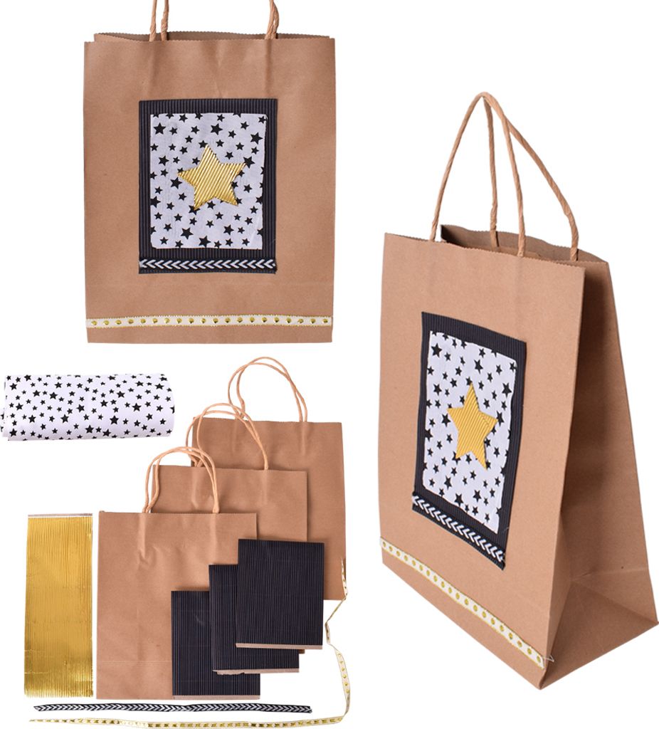 3 Stück Henkeltaschen Tragetaschen Papiertaschen 27 x 21 x 11 cm DIY Bastelset 10-teilig Tuch Bänder und Papierstreifen braun