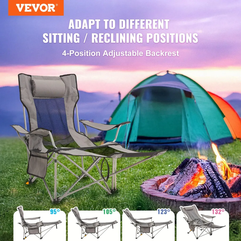 Chaise de camping robuste 150 kg avec appui-tête et poche de rangement