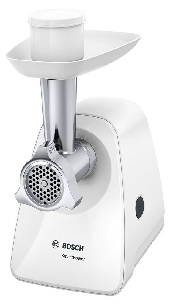 A close-up studio shot of a white Bosch SmartPower meat grinder.
