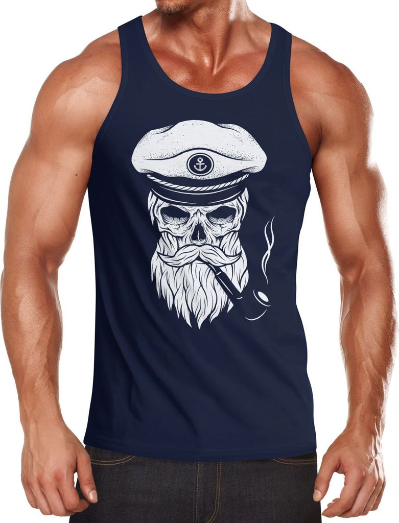Herren Tanktop Totenkopf Kapitän Captain Skull Bard Hipster Seemann Neverless navy M