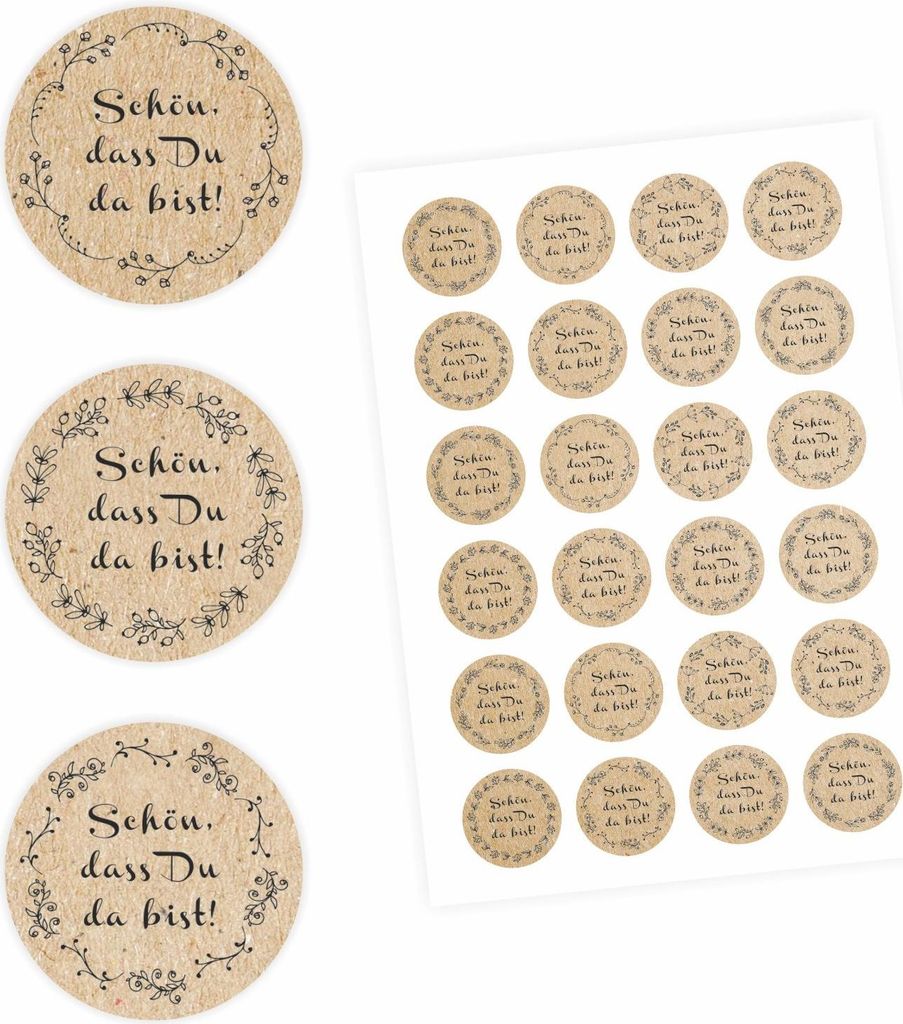 24 "Schön, dass Du da bist!" Aufkleber - Floral Kraftpapieroptik - rund 4 cm Ø - Sticker Hochzeit Gastgeschenk