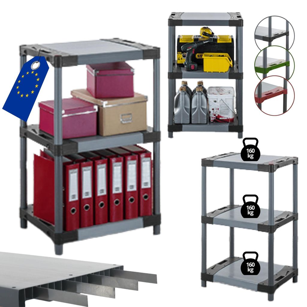 MODO24 Kunststoffregal, 3 Ablagen, 160kg/Boden, Schwerlast, Steckregal, Lagerregal, Plastikregal, Werkstatt, 98x70x46?cm, Grau, TYTAN