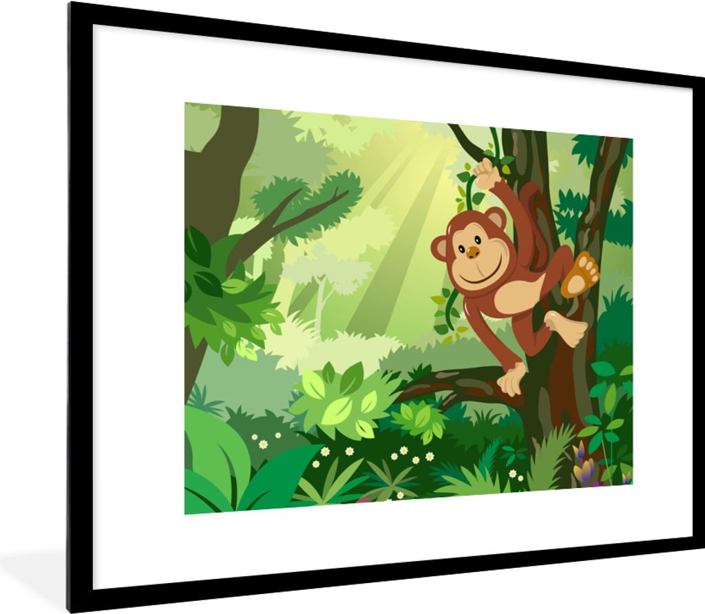 MuchoWow Gerahmtes Poster Affe - Dschungel - Jungen - Mädchen - Blumen - Kinder 80x60 cm - Poster mit Schwarzem Bilderrahmen Wandposter Rahmen F...