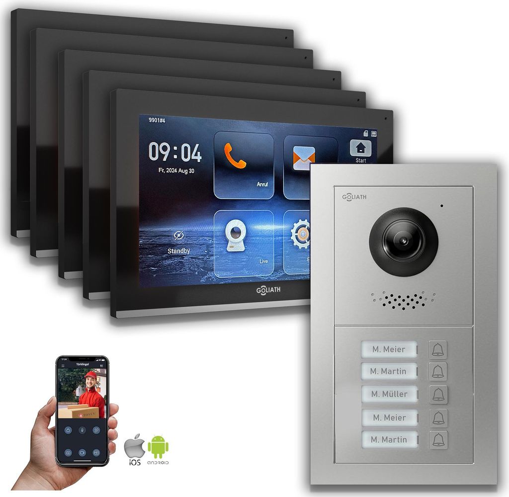 Goliath IP Video Türsprechanlage: 10-Zoll 5-Familienhaus, Smartphone App, Silber : 10 Zoll Schwarz : Unterputzdose Monitor Farbe: 10 Zoll Schwarz ...
