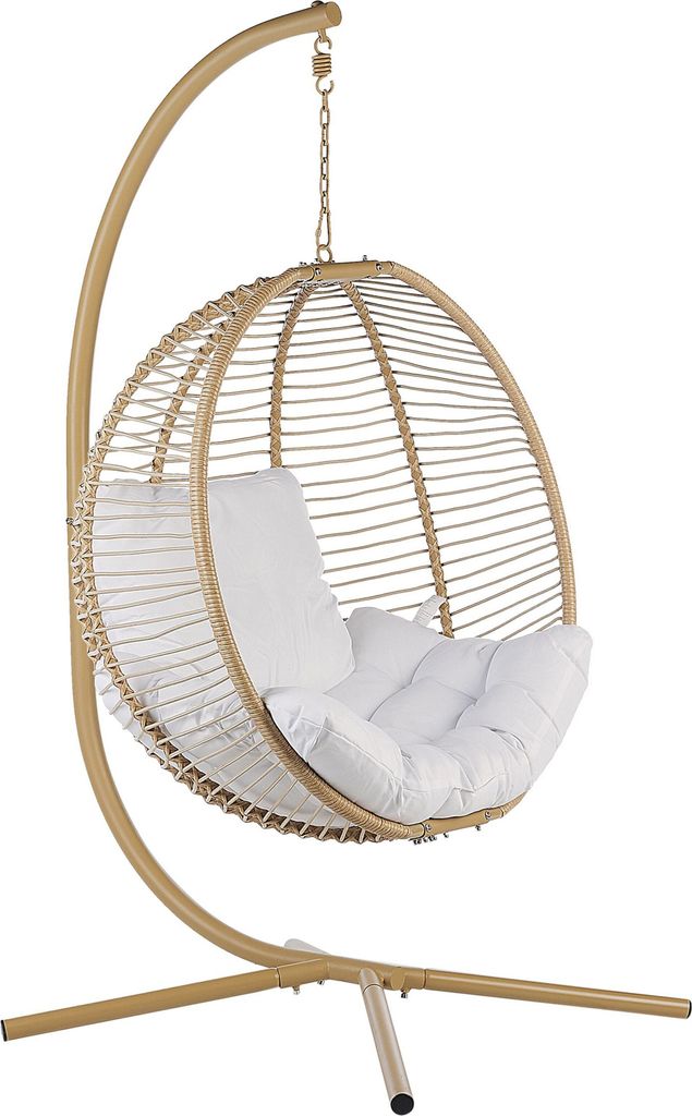 BELIANI Hängesessel Beige Flechtseil mit Gestell aus Stahl inkl. Kissen Weiß Boho Stil Outdoor Indoor Garten Terrasse Balkon Außenbereich