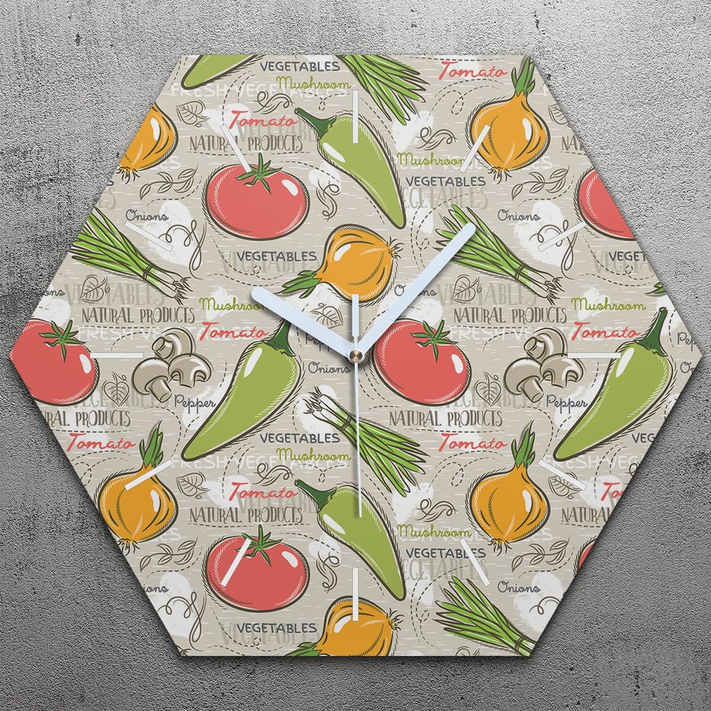Uhr hexagonal 40 cm Glas Geräuschlos weiße Zeiger - Tomate Zwiebeln Paprika