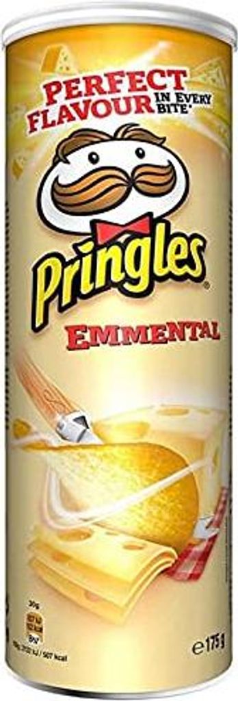A Pringles Emmental flavor potato chip can with cheese imagery.