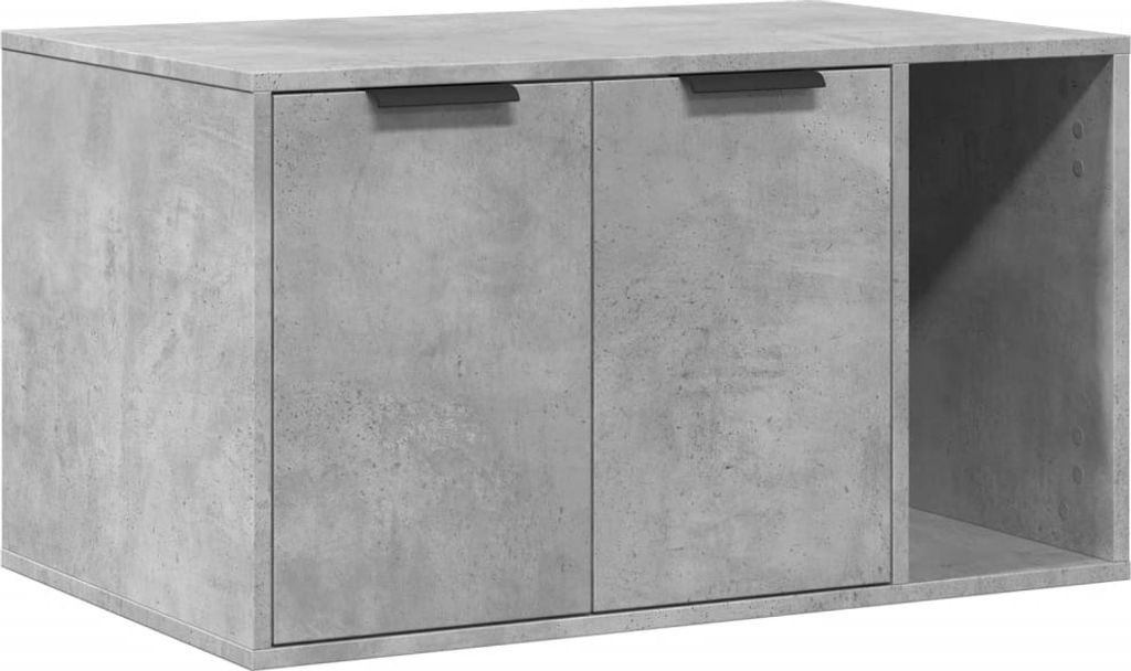 A concrete-effect cabinet with two doors and an open shelf.